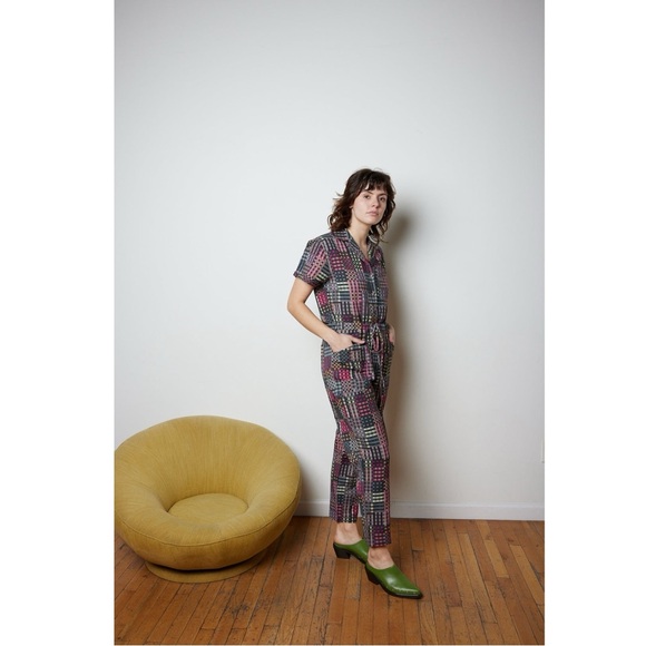 Rujuta Sheth Patchwork Plaid Cargo Ray Jumpsuit in Night Rubix Size Medium - Picture 3 of 14